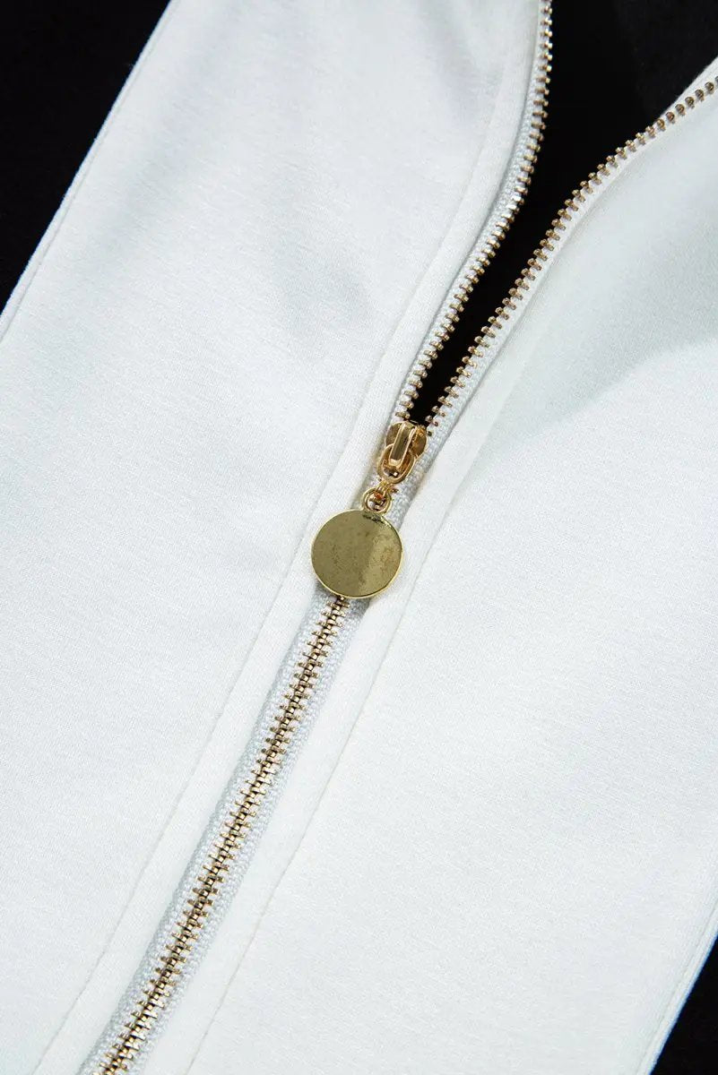 Black Contrast Collar Patchwork Zip Front Romper for Women - Love Salve